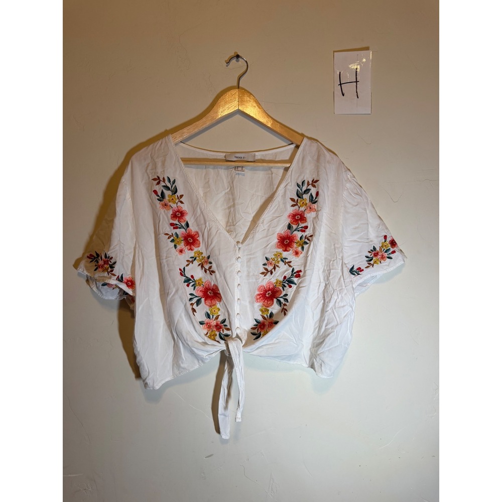 Forever 21+ Top Floral Embroidered Boho Tie Front White Women's Size 3X